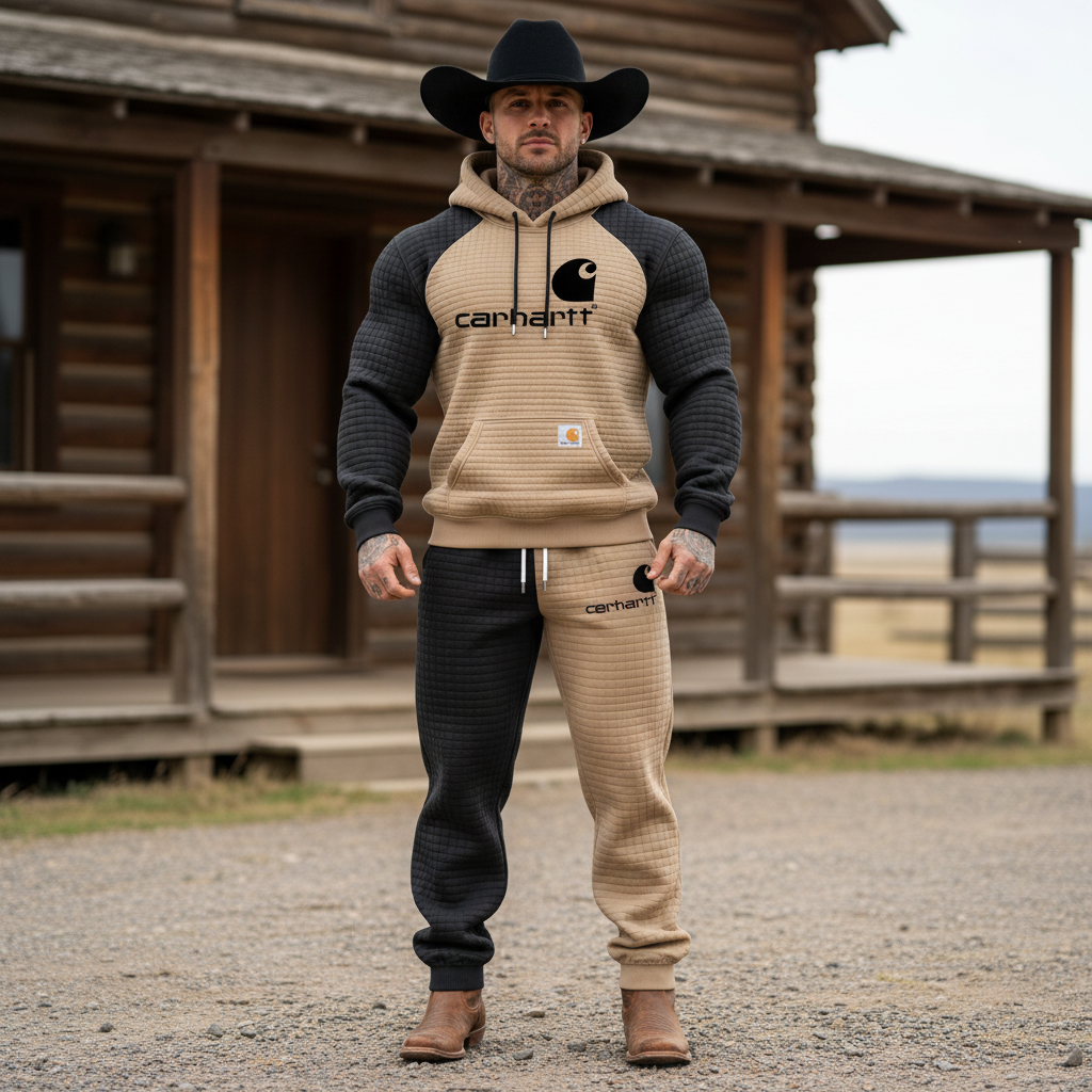 Men's Vintage Black Khaki Waffle Quilted Plaid Pocket Hoodie And Sweatpants Jogger Set