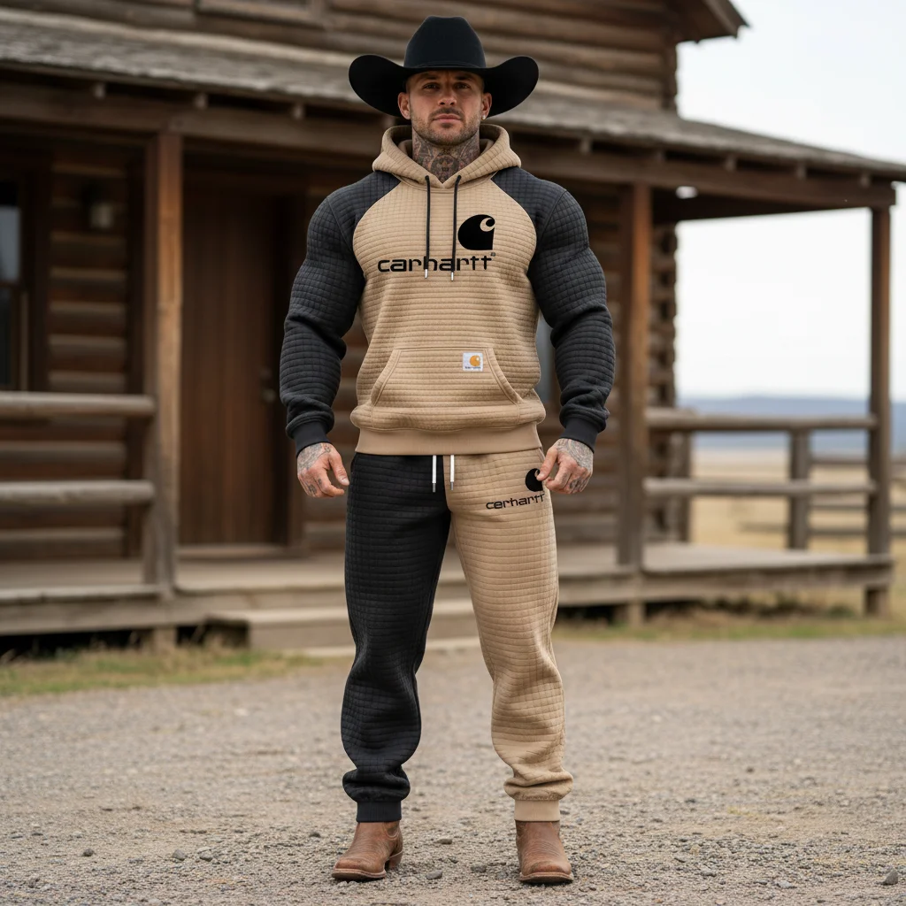 Men's Vintage Black Khaki Waffle Quilted Plaid Pocket Hoodie And Sweatpants Jogger Set