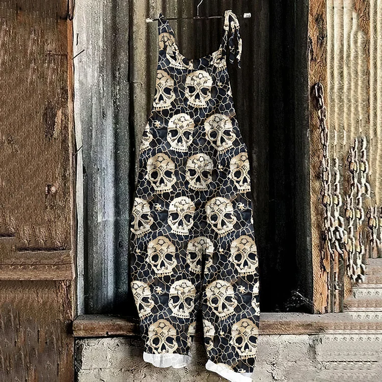 Utbros Halloween Skull Lace Embroidered Art Print Loose Jumpsuit