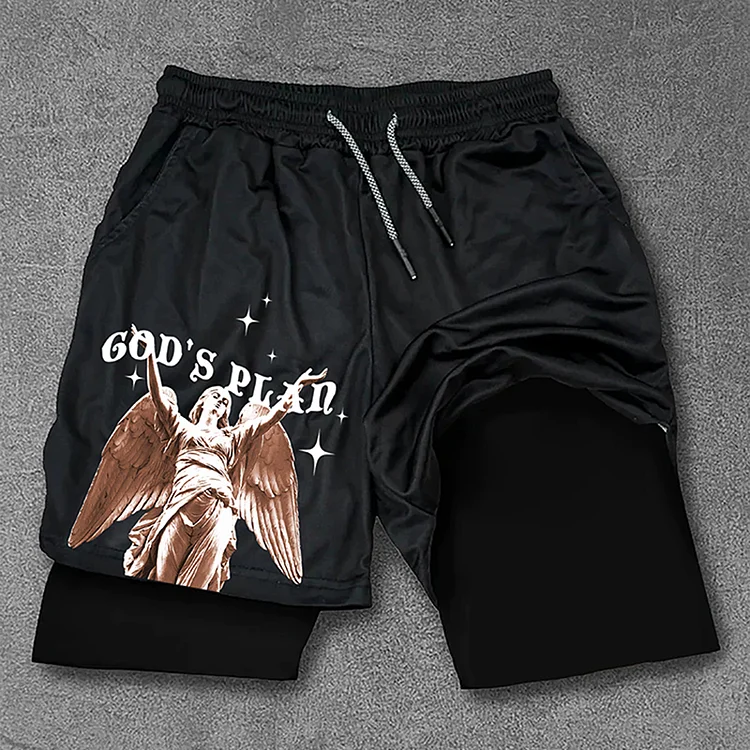 Street Vintage God's Plan Print Double Layer Drawstring Shorts SOPULA