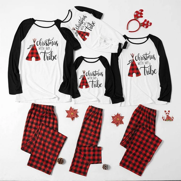 Christmas With My Tribe Letter Print Plaid Design Family Matching Pajamas Set