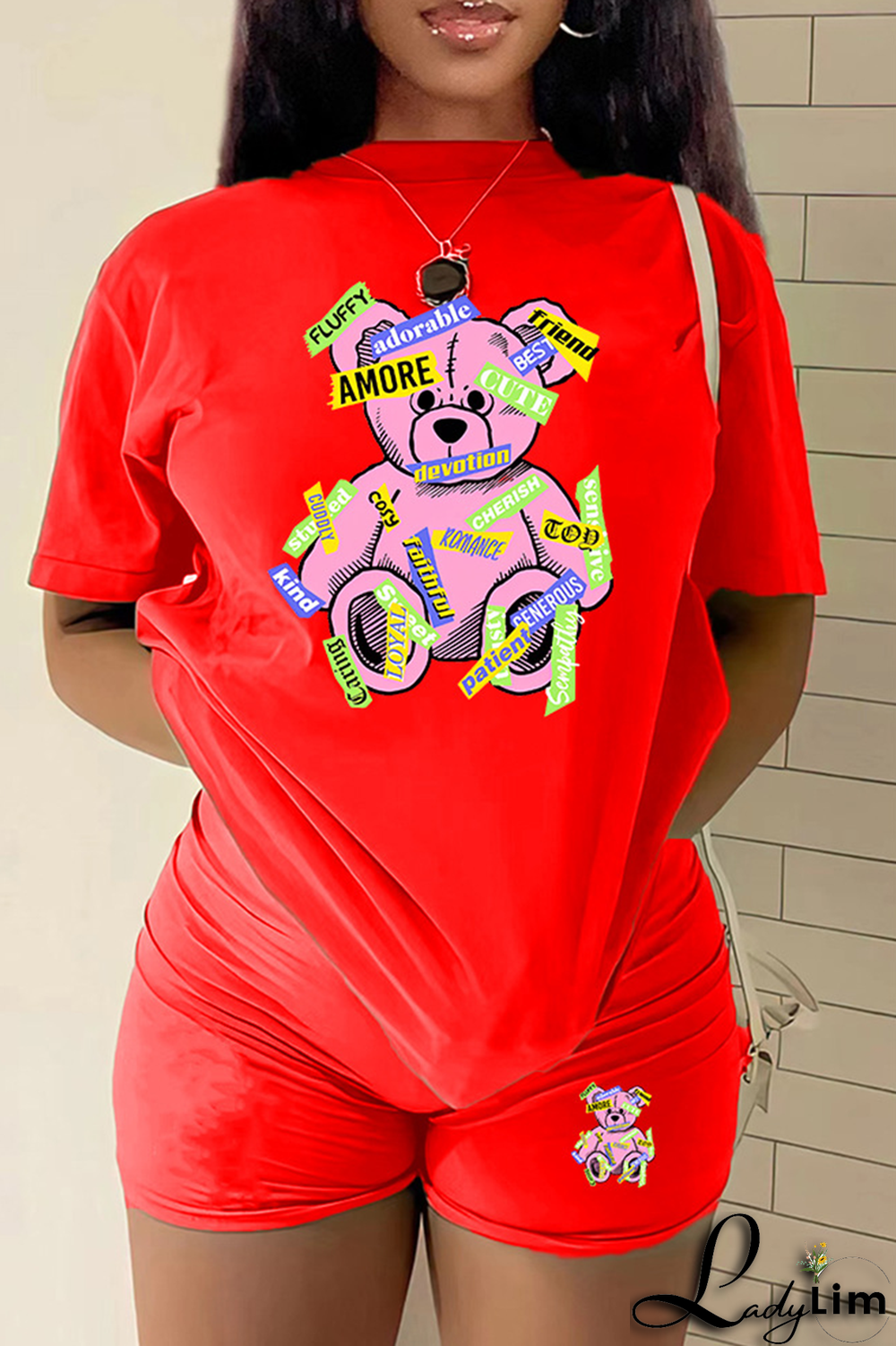 Rose Red Casual Print Patchwork O Neck Short Sleeve Two Pieces