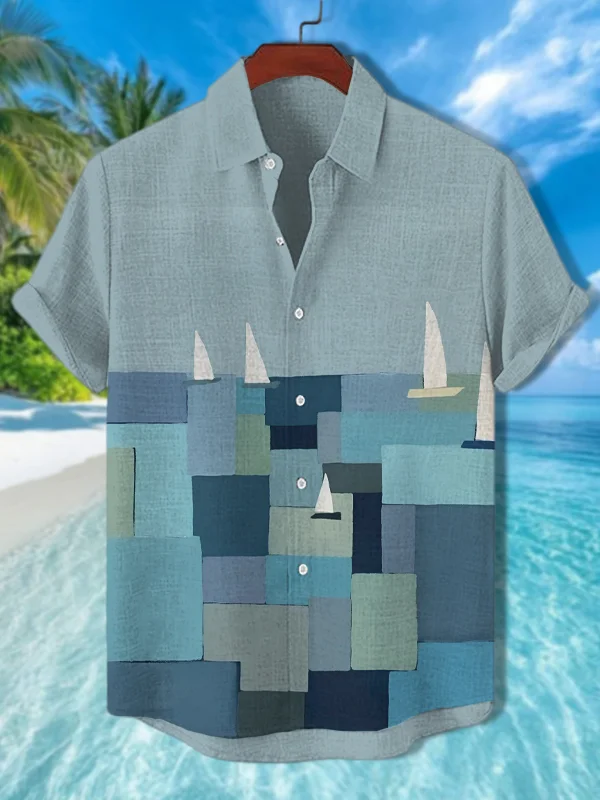 Men's Oil Painting Color Block Ocean Sailboat Art Print Short Sleeve Shirt