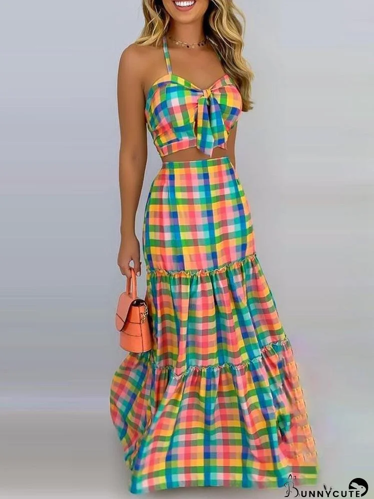 Plaid Print Spaghetti Strap Top & Ruffles Hem Skirt Set