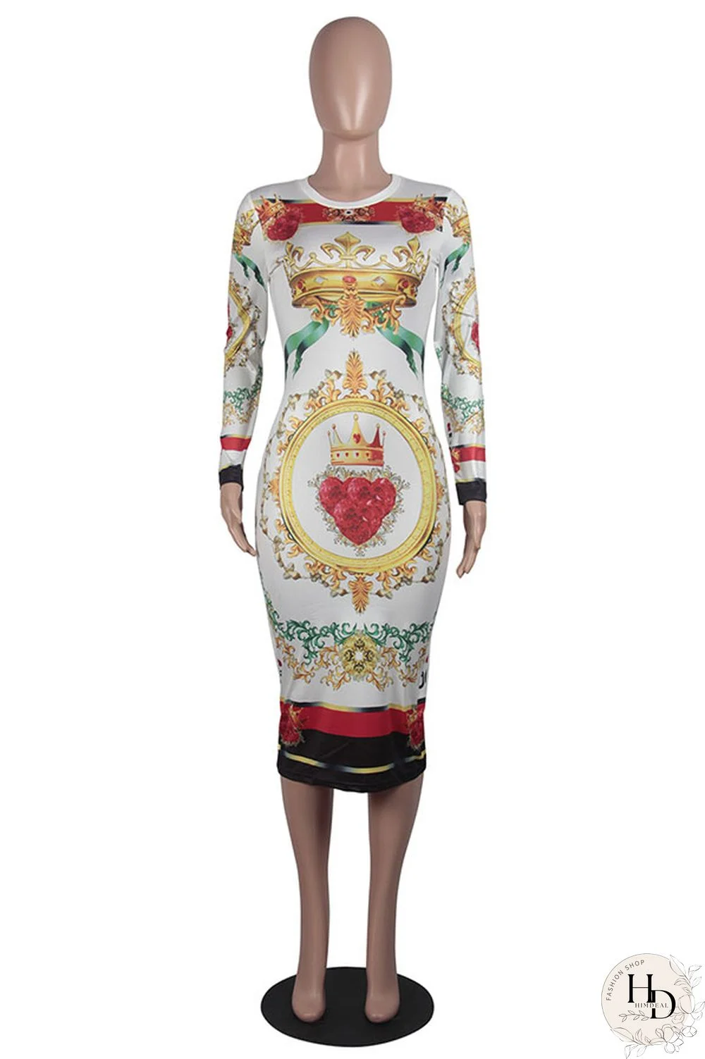 As Show Fashion Long Sleeves O neck Slim Dress Mid-Calf Print Print Dresses