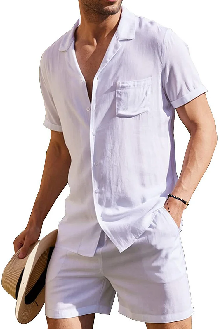 Men's Casual Solid Color Sports Short-Sleeved T-Shirt+Shorts Two Piece Set