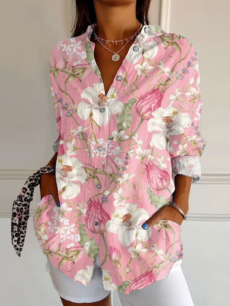 Vintage Floral Print Casual Long Sleeve Shirt