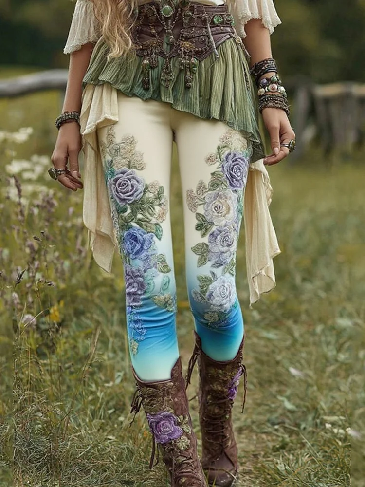 Vintage Purple Lavender And Floral Embroidered Casual Leggings