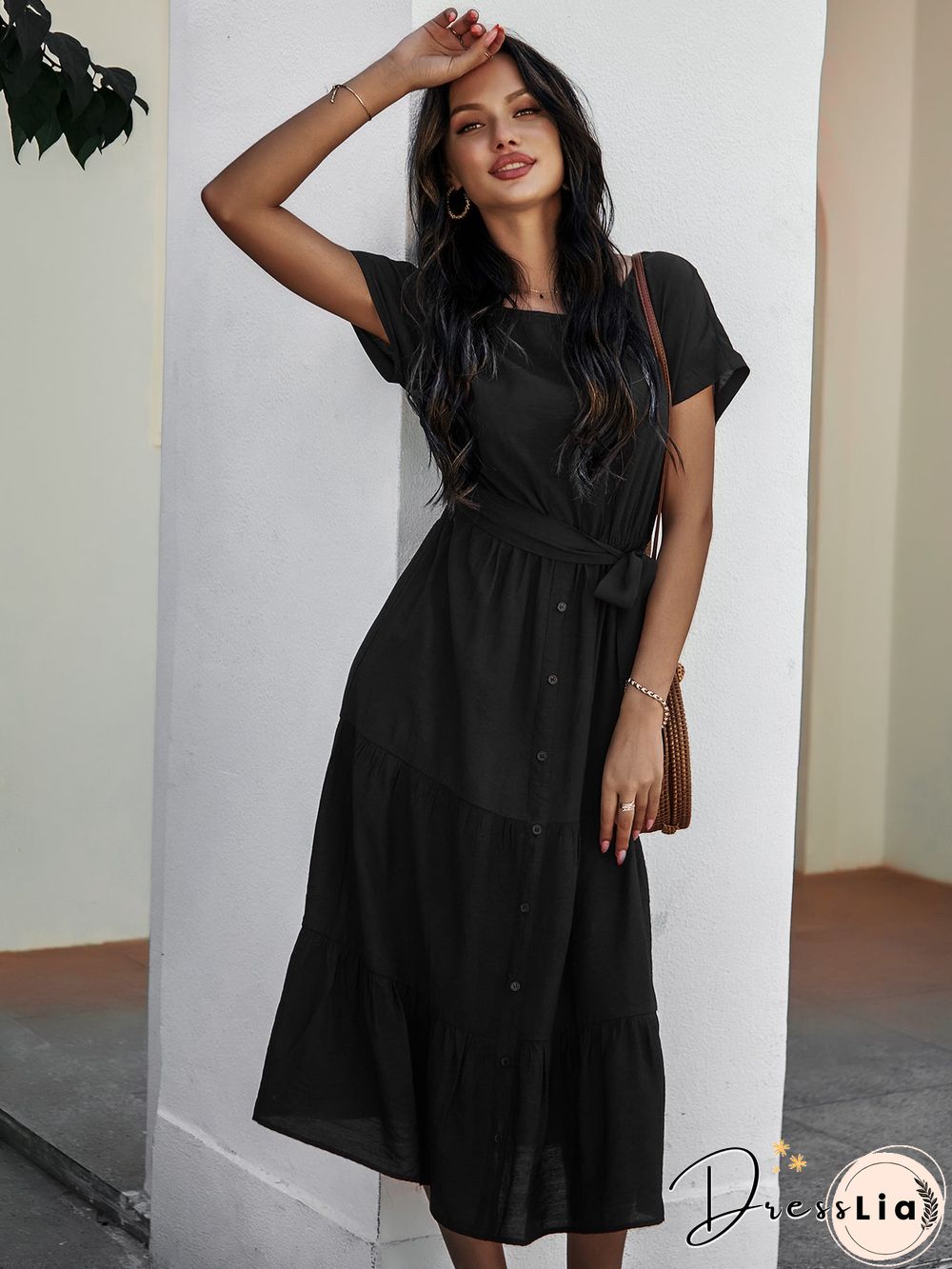 Short Sleeve Round Neck Wrap Tie Waist Maxi Dress