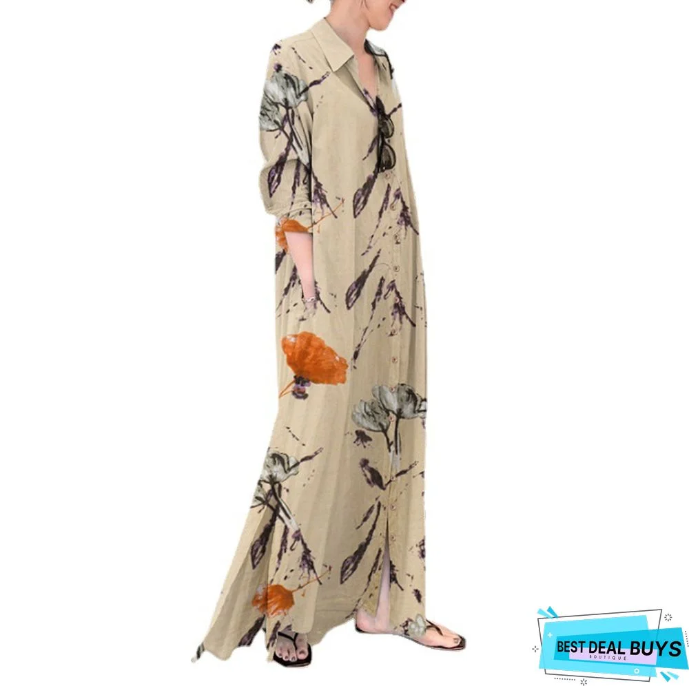 Cotton Linen Decor Lapel Long Sleeve Pocket Simple Loose Casual Long Cardigan Dress