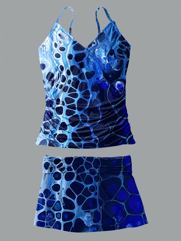 Ocean Tide Pattern Art Print Suspender Bikini V-Neck Set Swimsuit