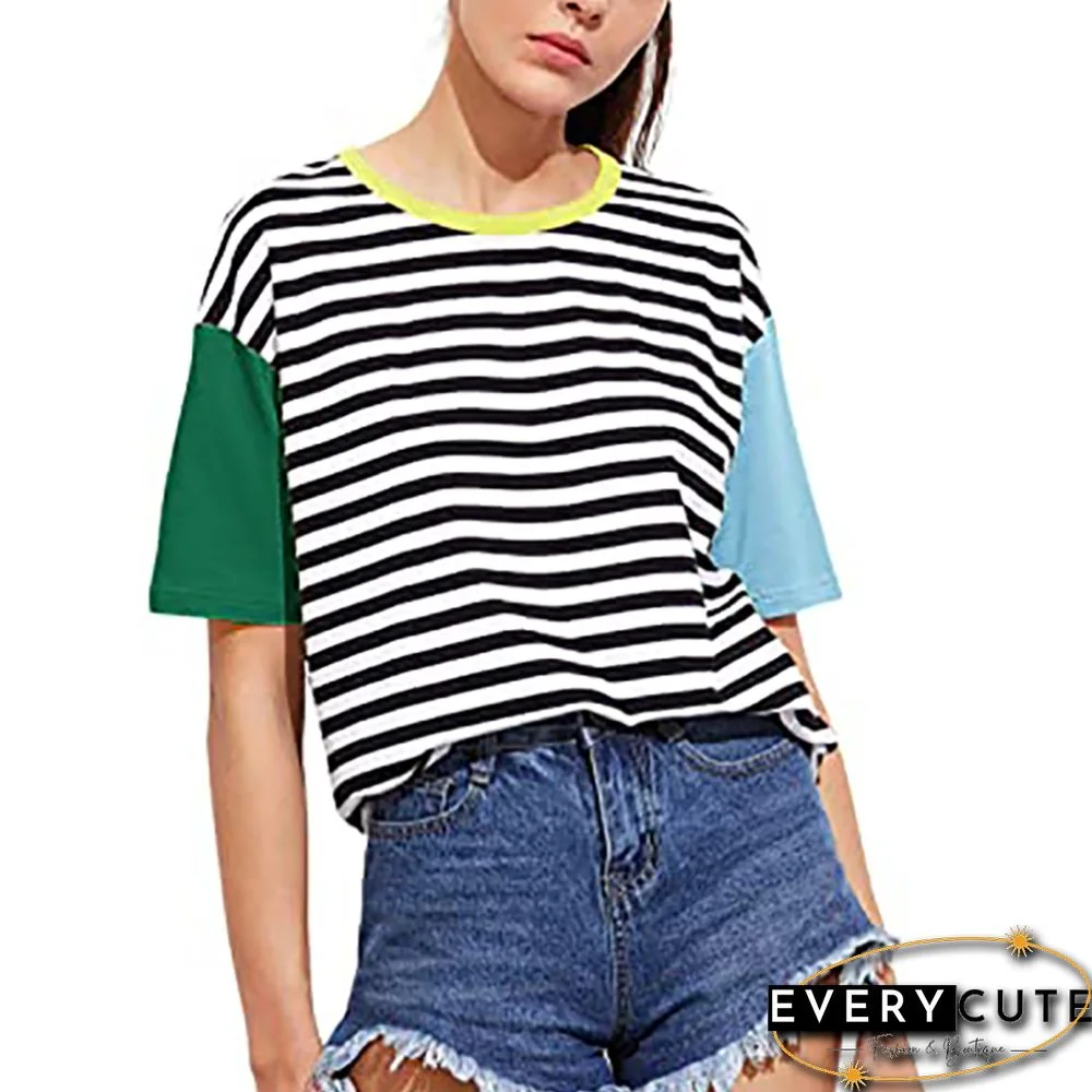 Green Contrast Stripes Short Sleeve Tees