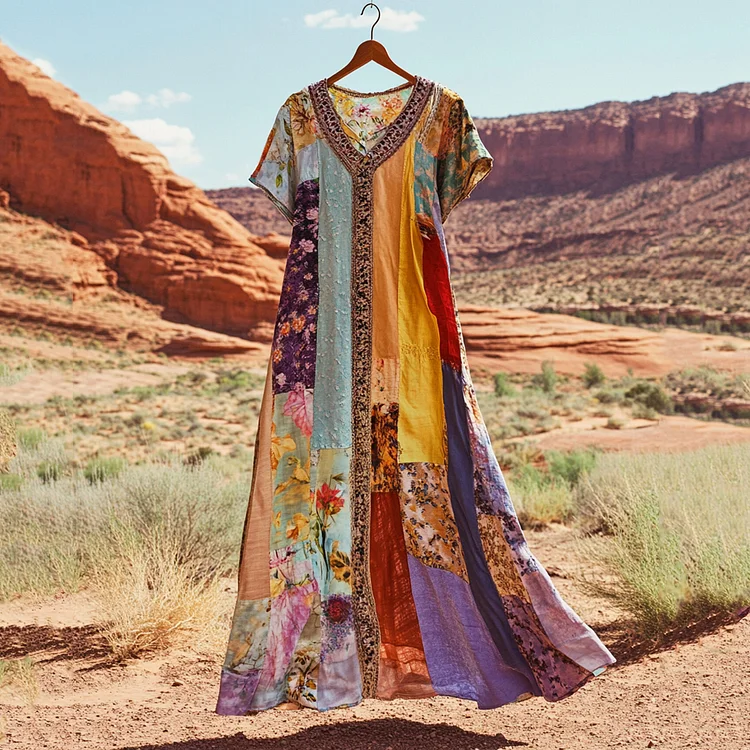 Women's Vintage Patchwork Flower Print Loose Midi Dress