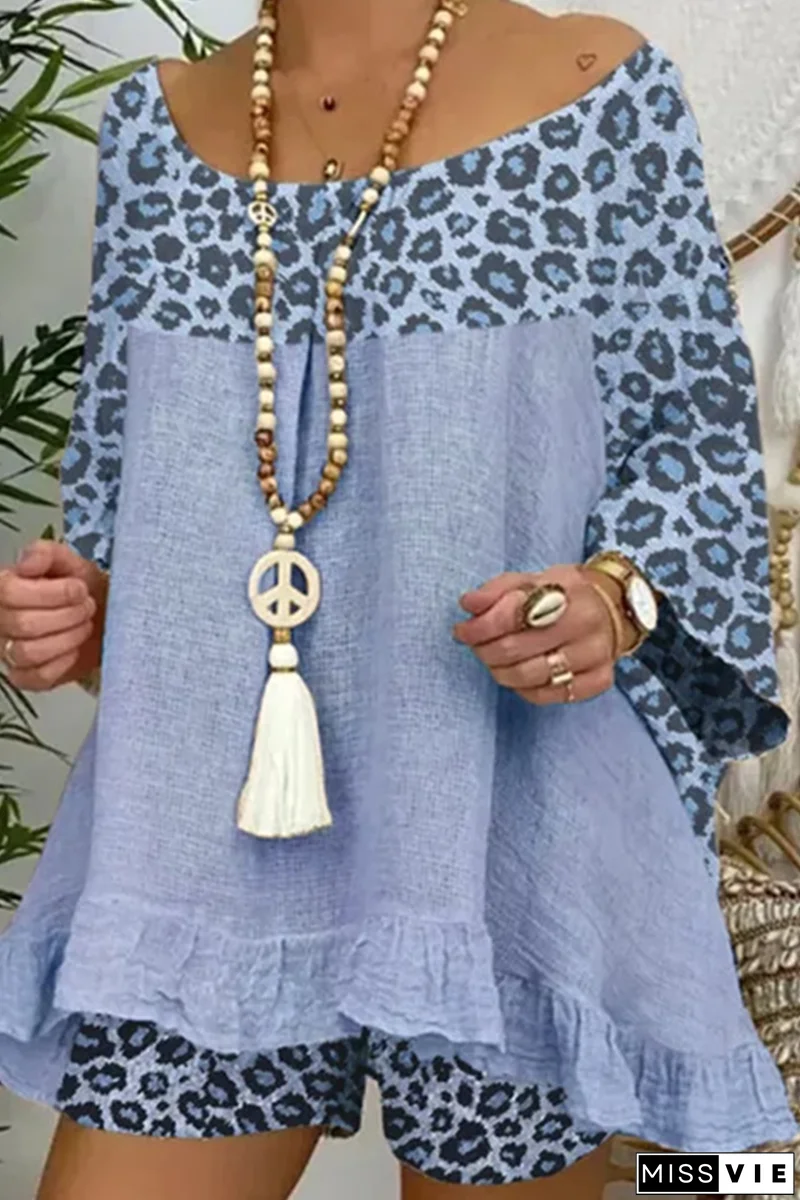 Casual Street Leopard Patchwork Flounce O Neck Three Quarter Two Pieces