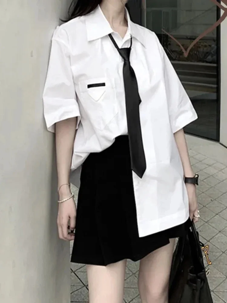 Oocharger White Preppy Style Women Shirts Fashion Tie JK Loose Student Short Sleeve Designed Button Up Tops Summer Casual Blouse