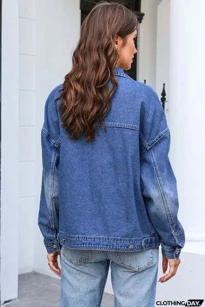 Button Up Dropped Shoulder Denim Jacket with Pockets