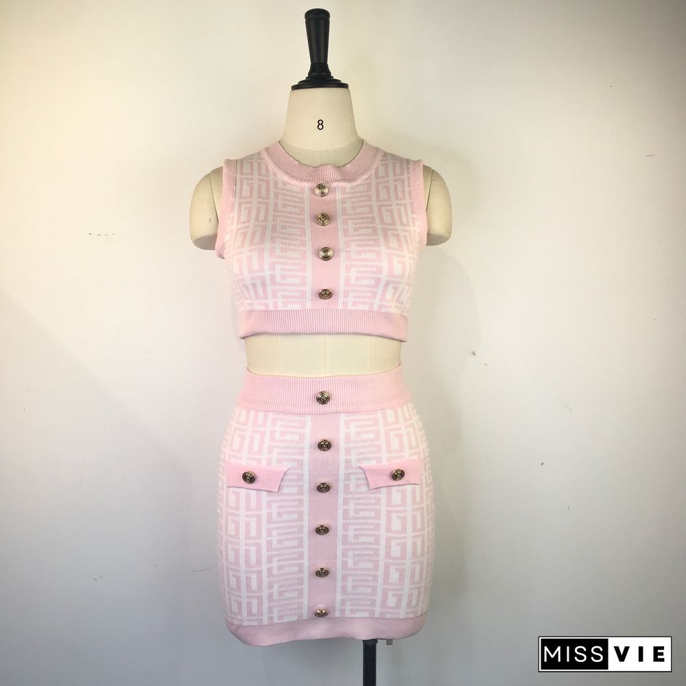 Geometric Knitted Vest Crop Tops Two Piece Skirt Sets