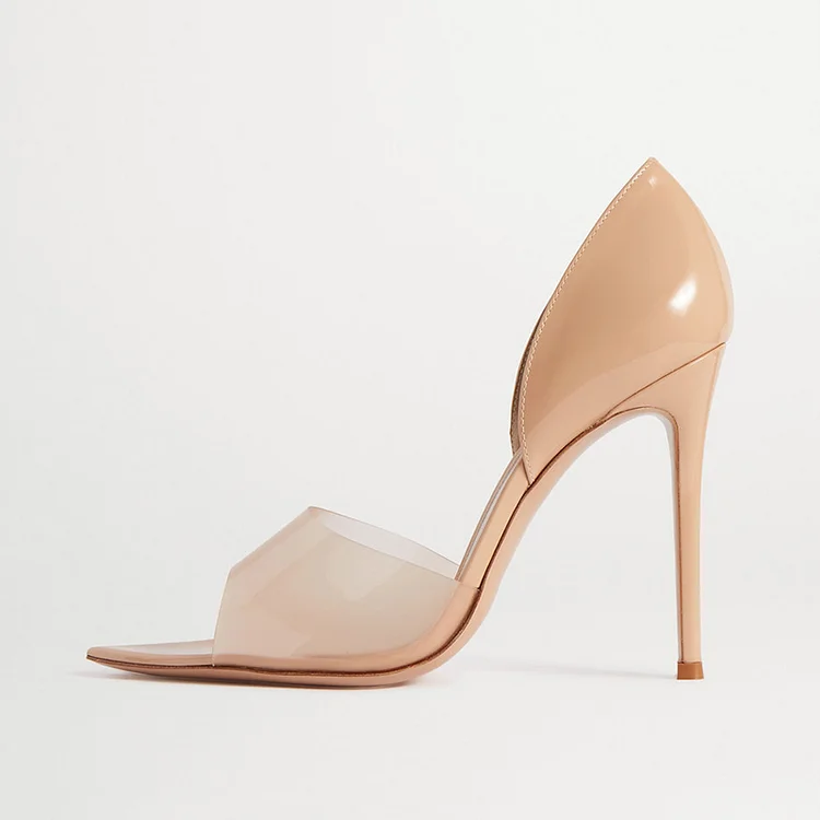 Nude Patent Leather Stiletto Heels Pointed Toe Clear Band Pumps |FSJ Shoes