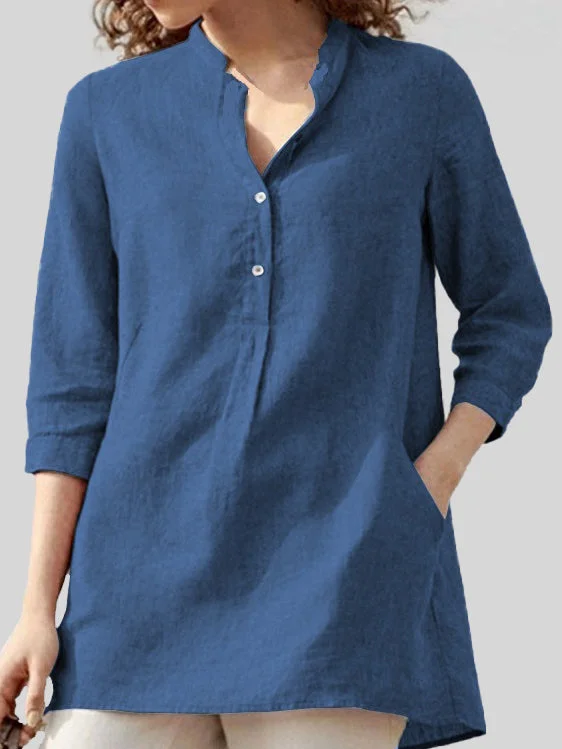 Solid Color Three-quarter Sleeve Stand Collar Cotton Linen Casual Shirt