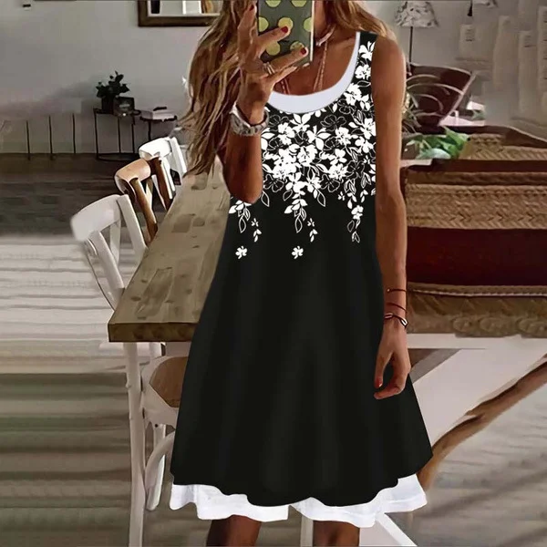 Casual Dresses Round Neck Casual Loose Floral Print Panel Sleeveless Mini Dress
