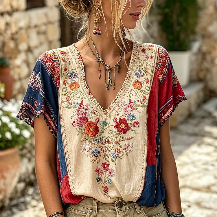 Women's Retro Independence Day With Floral V-neck Short Sleeve T-shirt