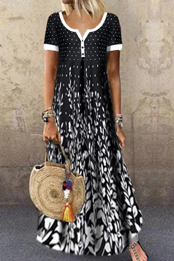 Paneled Print Buttoned V-Neck Holiday Maxi Dress Black Dresses