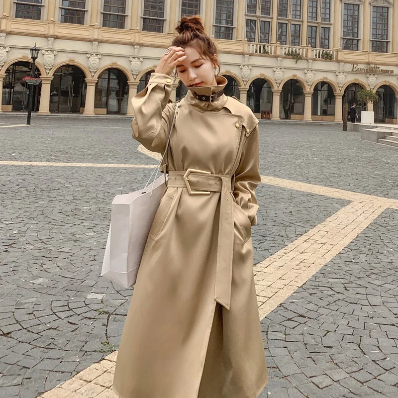 Brand New European Style Elegant Long Women Trench Coat with Belt Lady Duster Coat Female Outerwear Spring Autumn