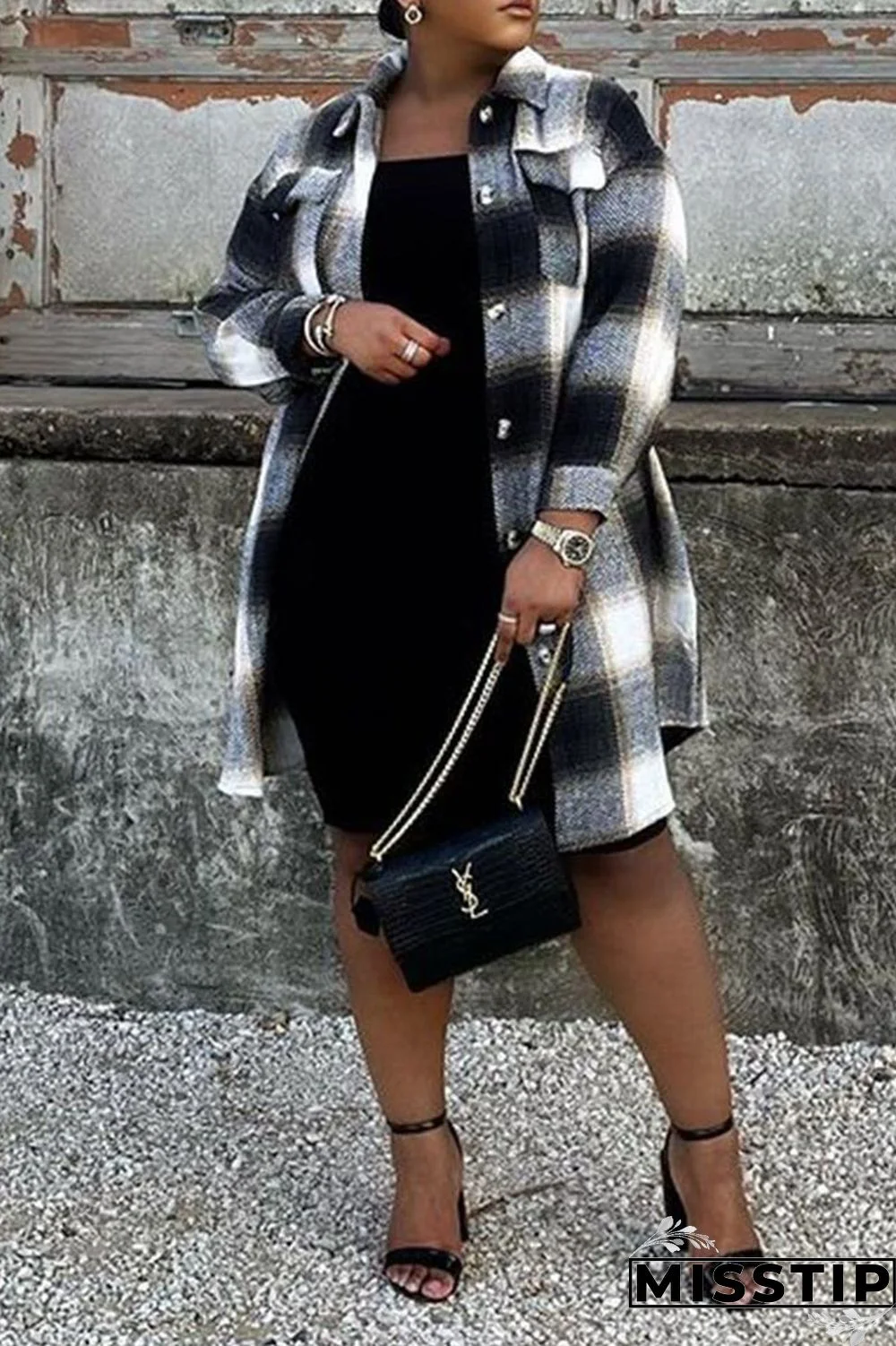 Black White Casual Plaid Print Patchwork Buckle Turndown Collar Plus Size Overcoat