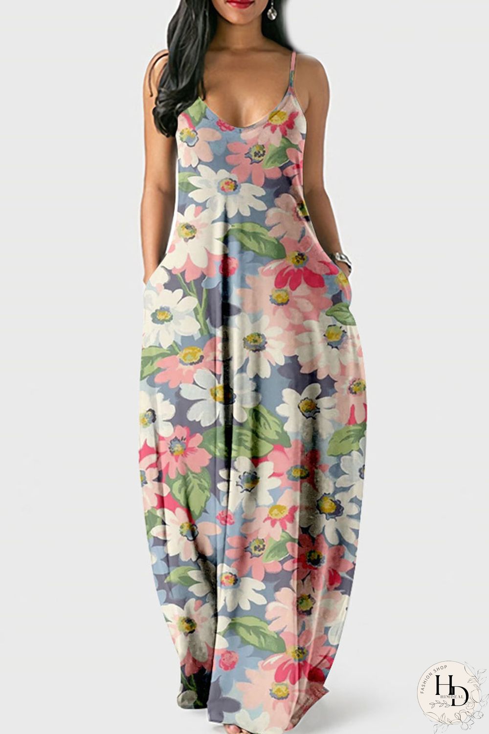 Blue Pink Casual Sweet Print Patchwork Spaghetti Strap Sling Dress Dresses