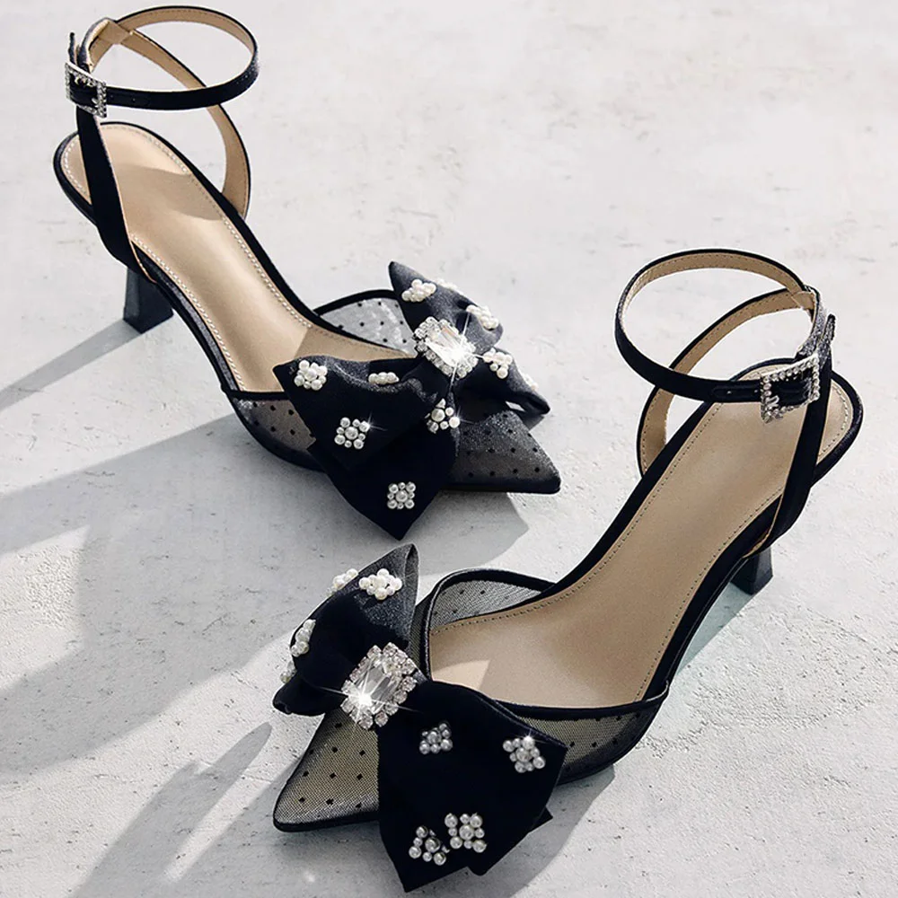 Pointed Toe Flared Heel Ankle Strap Pearl Rhinestone Bow Black Pumps