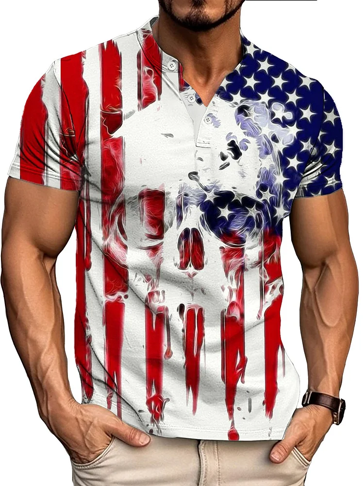 Men's Vintage Skull American Flag Print Henley
