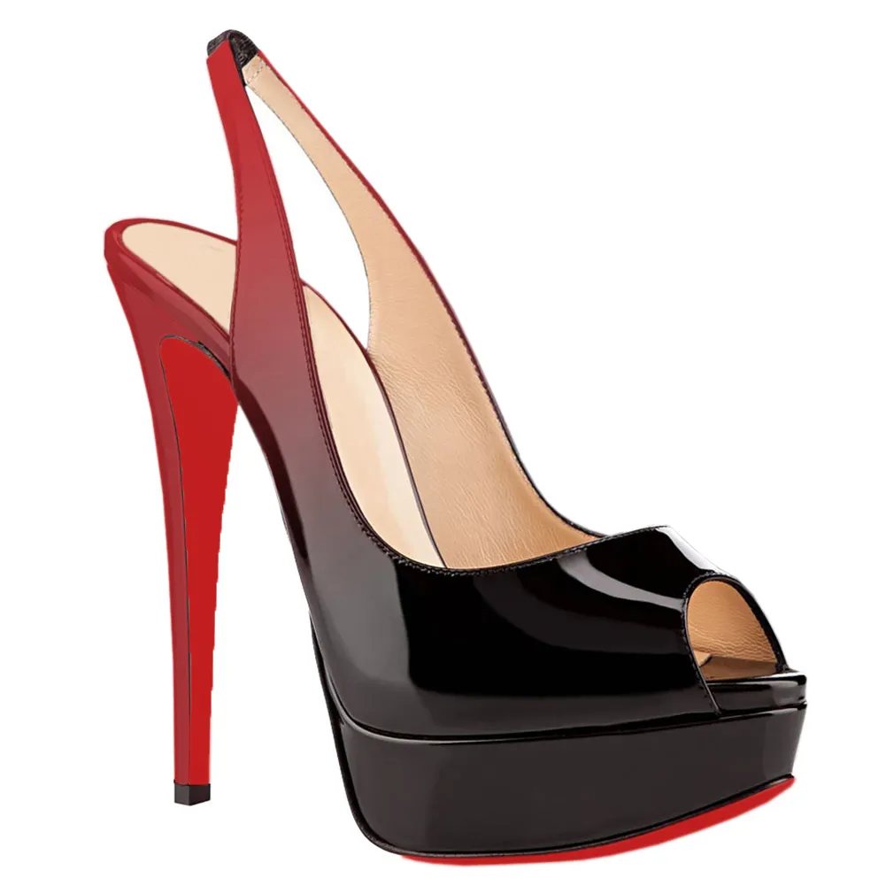 150mm Slingback Sandals Platforms Sky High Party Gradient Color Red Black Pumps-vocosishoes