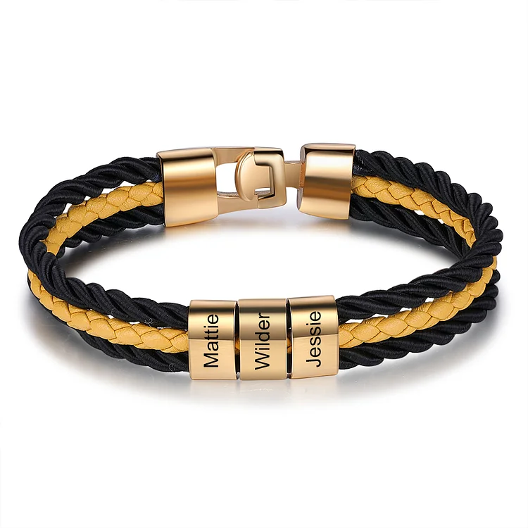 Mens Leather Bracelet Braided Layered Leather with 3 Beads Silver and Gold