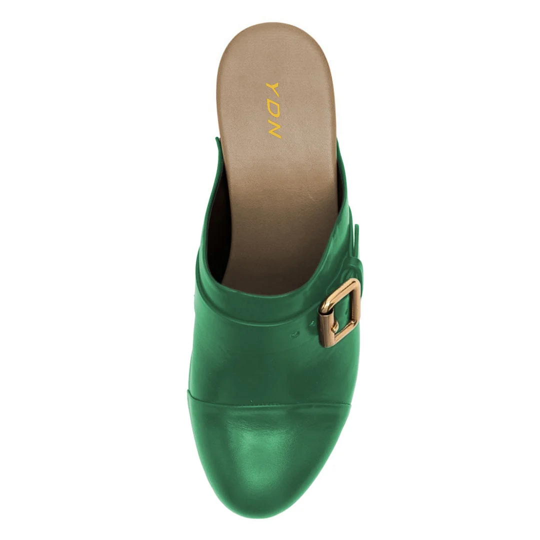 Green Studs Buckle Strap Round Toe Block Heel Platform Mules Shoes