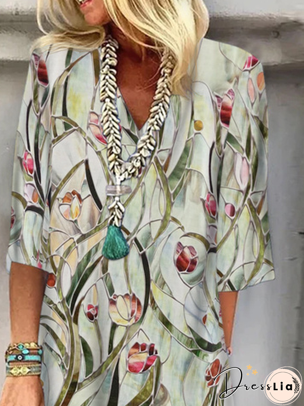 Floral Printed V Neck Loose Half-sleeve Dresses