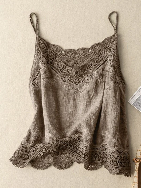 Green Loose Casual Vintage Lace Sleeveless Vest