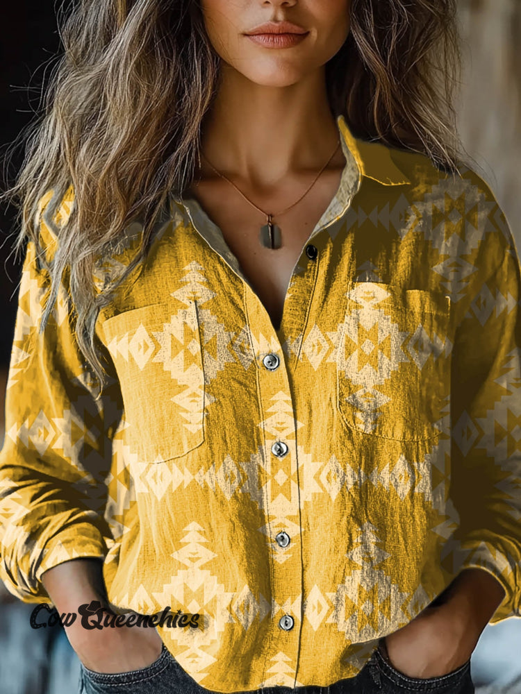 Women’s Yellow Aztec Art Print Casual Long Sleeve Comfortable Cotton Shirt Multicolor / S