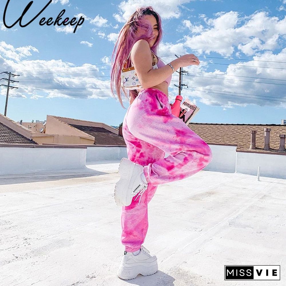 Weekeep Tie Dye Sweatpants Women Elastic High Waist Baggy Pants Hip Hop Casual Loose Pants Ladies Fashion Pink Trousers