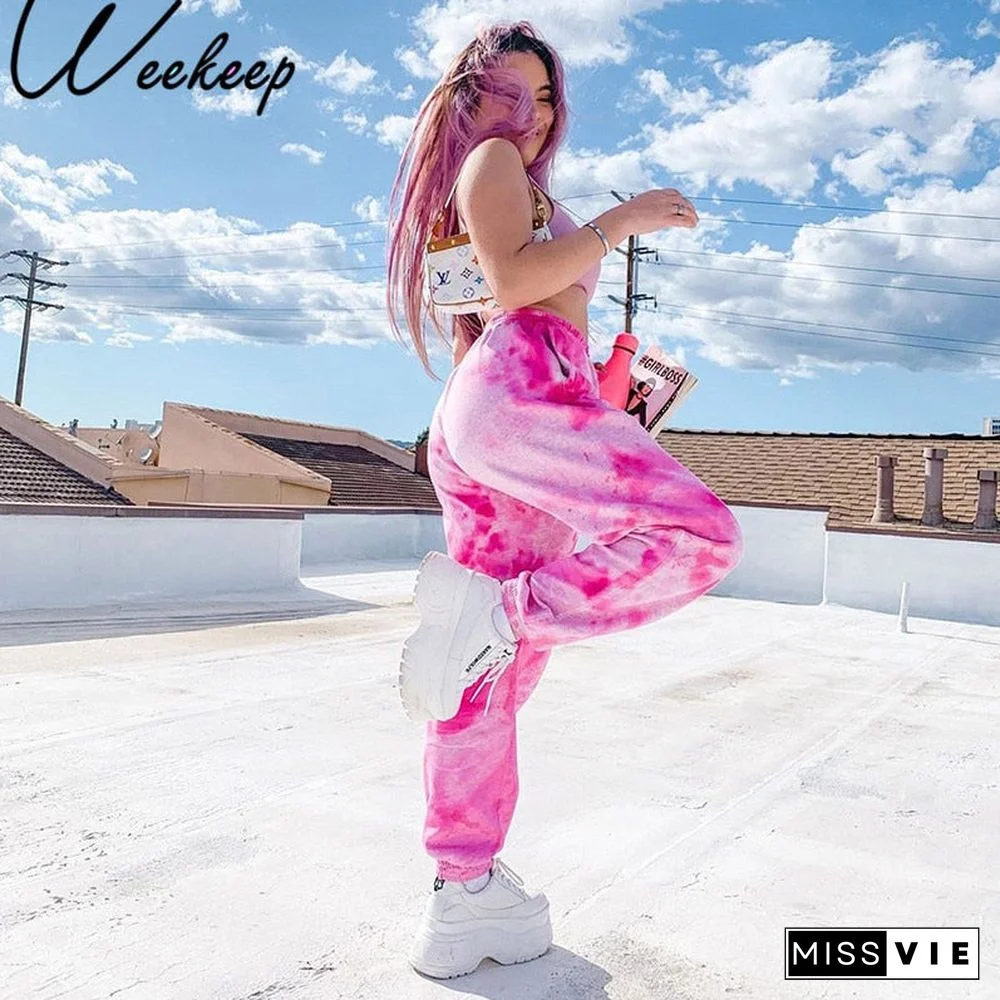 Weekeep Tie Dye Sweatpants Women Elastic High Waist Baggy Pants Hip Hop Casual Loose Pants Ladies Fashion Pink Trousers