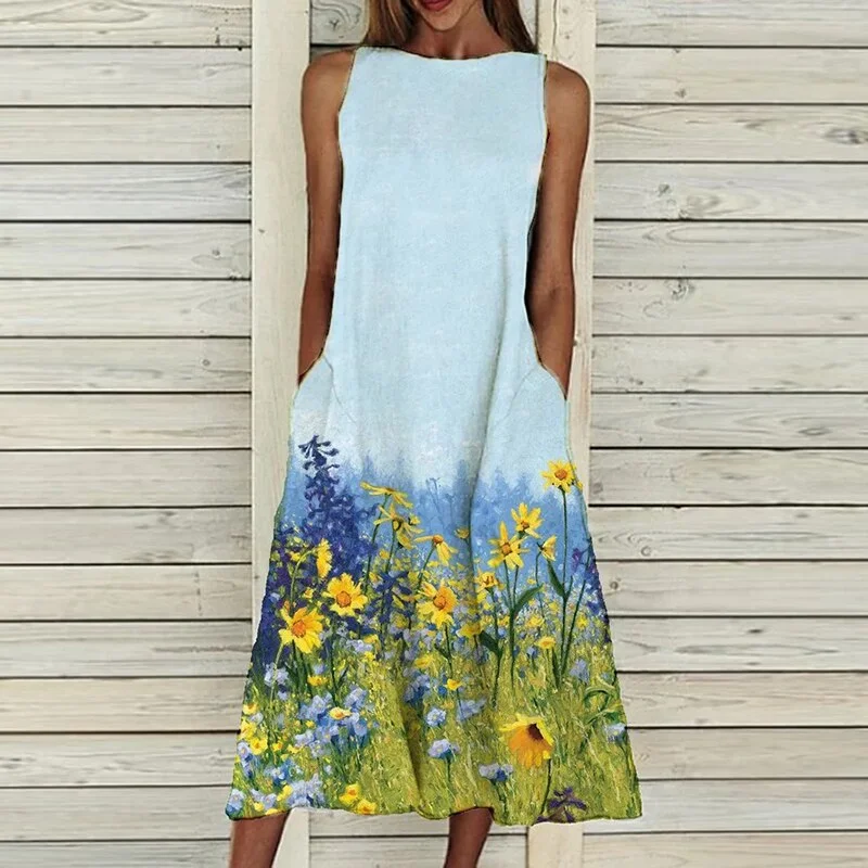 Dress 2022 O Neck Flower Print Summer Dresses For Women Fashion Pocket Sleeveless Dress Female Casual Loose Party Dress