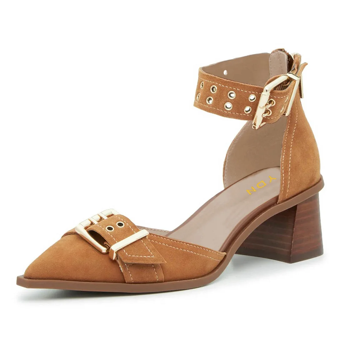 Tan Grommet Strap Pointed Toe Block Heel Pumps with Buckle