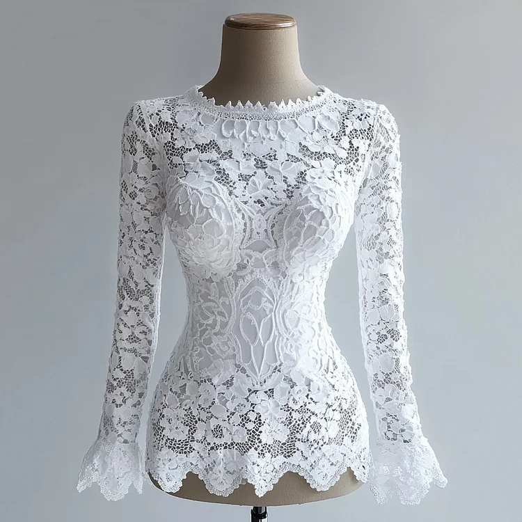 Ursime Floral Lace Hollow Out Round Neck Irregular Hem Blouse