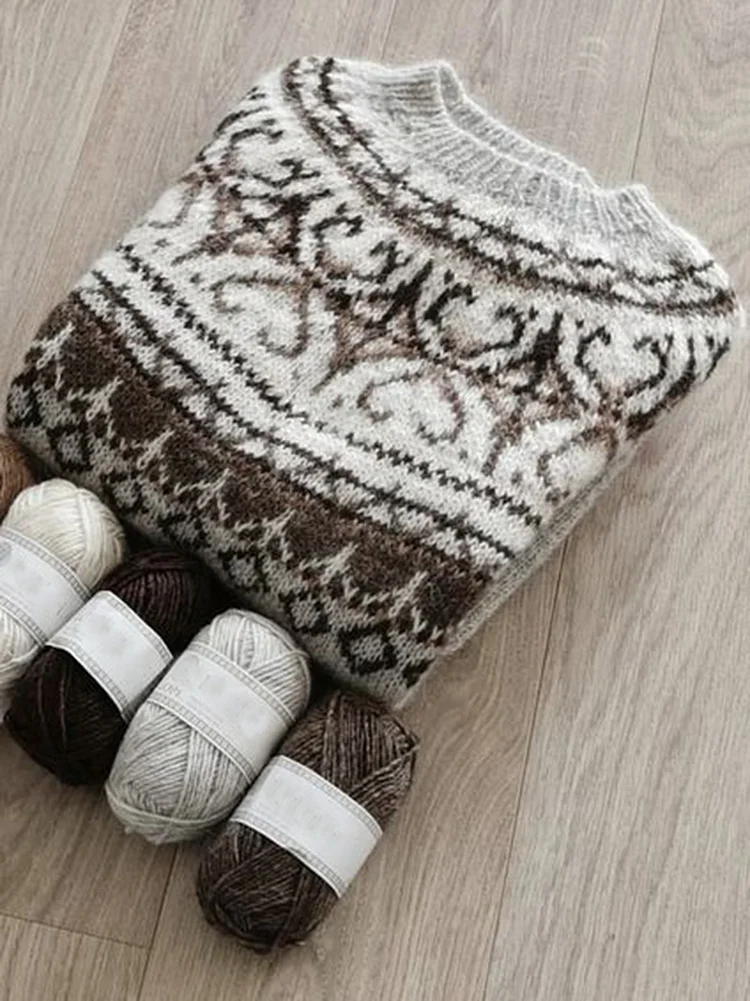 Comstylish Vintage Tribal Icelandic Pattern Round Neck Comfy Sweater