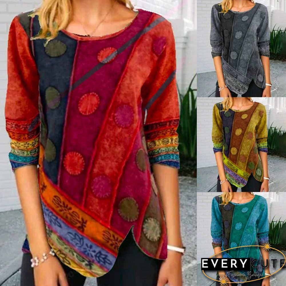 Womens Fashion Autumn and Spring Printed Long-sleeved Round-neck Casual T-shirt Loose Plus