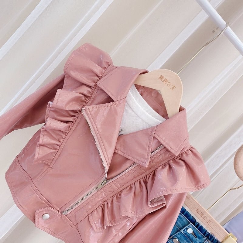 Fashion Baby Girl PU Leather Jacket Ruffle Child Princess Leather Coat Spring Autumn Blazer Outwear Pink Child Clothes 2-14Y