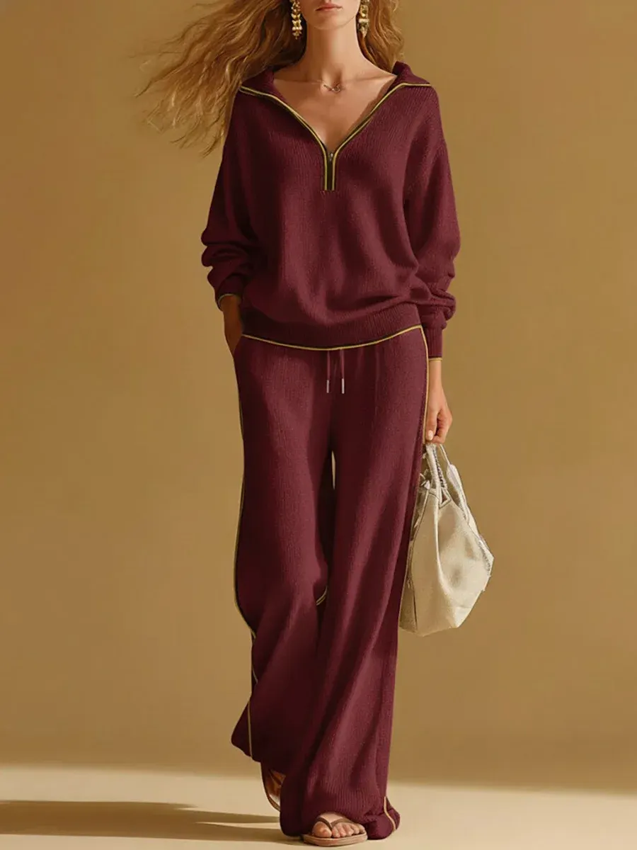 Women's Cardigan Collar Long-sleeved Casual Loose Top And High-waisted Casual Loose Wide-leg Pants Knitted Set