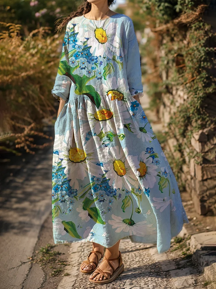 Women's Daisy Print Long Sleeve Casual Dress socialshop