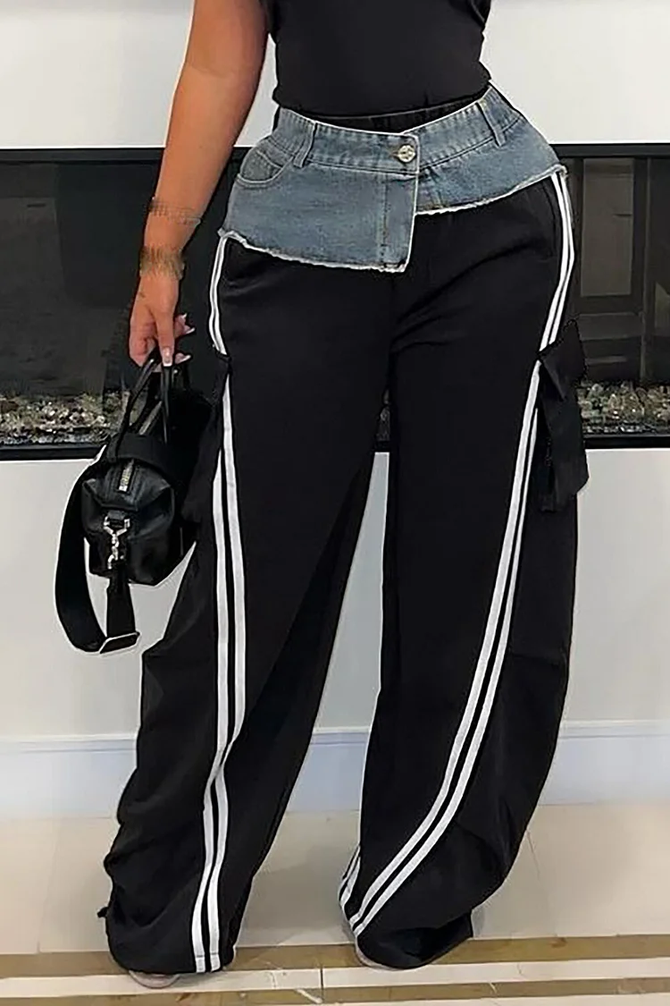 Denim Patchwork High Waist Striped Print Wide Leg Pants-Black