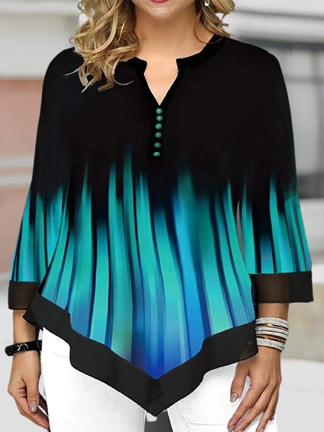 Plus Size Half Open Collar Loose Casual Abstract Top