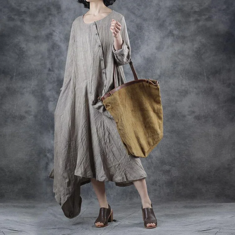 Elegant o neck patchwork linen cotton outfit Catwalk beige Dress